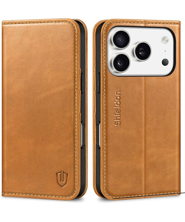 SHIELDON Case Wallet for iPhone 17 Pro 6.3-inch | Genuine Leather | Book Desgin | RFID Blocking Credit Card Slots | Magnetic Closure | Shock Absorbing Phone Cover | 2025 | Retro Light Brown