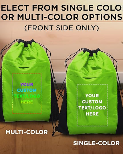 DISCOUNT PROMOS 10 Mesh Accent Drawstring Backpacks Set - Customizable Text, Logo - Two Tone, Front Pocket, Side Mesh - Lime Green