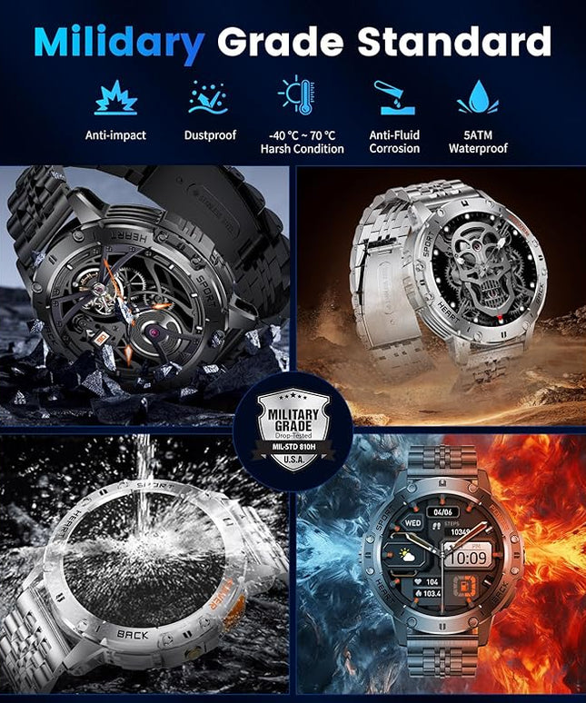 LIGE 1.43" AMOLED Smart Watch for Men with Flashlight, Bluetooth Calling, 100+ Sport Modes, 530mAh, IP68 Waterproof Fitness Tracker for Workout, iOS Android Compatible, Black Steel Leather