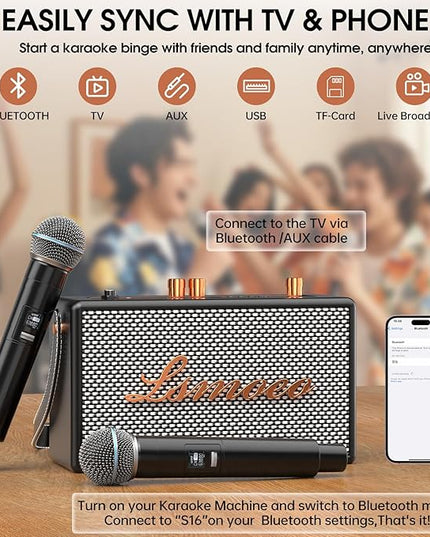 Karaoke Machine for Adults,2 Wireless Microphones for Karaoke Speaker, Portable Microphone and Speaker Support Four-Channel Microphone Expansion for Home Party,Picnic,Car,Indoor/Vintage Gifts