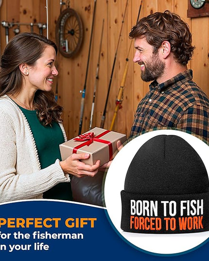 Born to Fish Forced to Work Beanie Hat – Funny Fishing Embroidered Knit Winter Cap – Warm Angler Hat for Men, Women & Teens – Fisherman Gift & Outdoor Accessory Black