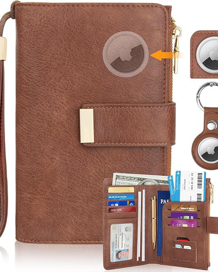 HUANLANG Passport Holder with Airtag for Women/Men, Airtag Passport Wallet for Travel Leather Passport Holder RFID Blocking,Travel Passport Walelt with Credit Card Holder