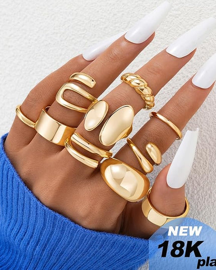 ÌF ME 10 PCS Gold Rings Set for Women Non Tarnish, 18K Gold Plated Chunky Stackable Rings, Statement Stacking Womens Ring Pack