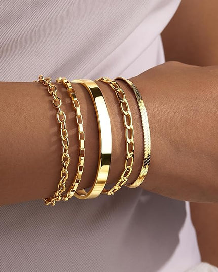 Gold Bracelets Set for Women Stack, Dainty Thick Bracelets Stack for Women Trendy, Simple Thin Gold Plated Cuff Stackable Bracelets With Beaded Cuban Paperclip Snake Rope Bangle Hand Chain Jewelry Gifts for Women Non Tainish