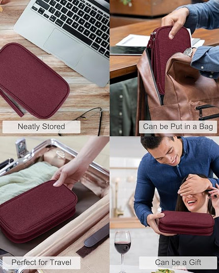 FYY Electronic Organizer, Travel Cable Organizer Bag Pouch Electronic Accessories Carry Case Portable Waterproof Double Layers Storage Bag for Cable, Charger, Phone, Earphone, Medium Size, Wine Red