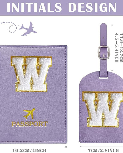 COSHAYSOO Purple Passport Cover and Initial Luggage Tag Set TSA Approved with Preppy Chenille Letter Patch for Women Girl Friends, Trendy Travel Bag Backpack Suitcase Identifier Must-Have Gifts (W)