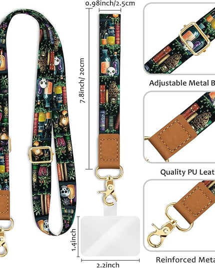 Phone Lanyard Crossbody Strap, Goth Bookshelf Cell Phone Lanyards for Around the Neck Wristlet Shoulder, Funny Skull Gothic Wrist Strap Adjustable Witchy Accessories Travel Essentials