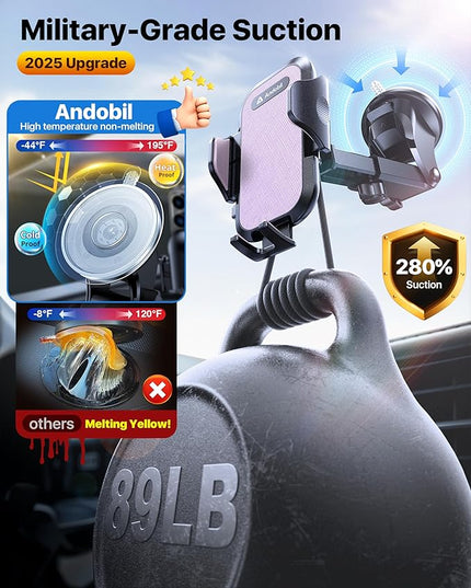 andobil Car Phone Holder, 2026 Military-Grade 89bs Strongest Suction Phone Holders for Your Car Dashboard/Windshield/Vent Easy Clamp Cellphone Holder Truck Stand for iPhone 17 16 15 Pro Max, Purple