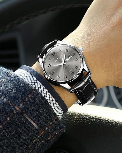 Men Dress Watch Waterproof Leather Watches for Men with Day Date Luxury Large Arabic Numerals Analog Quartz Classic Leather Watch Easy Read relojes para Hombres