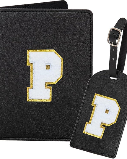 ULICO Initial Passport Cover and Luggage Tag Set,PU Leather Letter Passport Case Holder Travel Suitcase Tag, Personalized Travel Luggage Accessories Gifts for Women Kids Teenage Black P