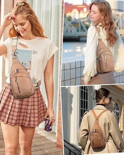 Sling Bag Crossbody Backpack - 2 in 1 Leather Cross Body Bag Fanny Pack with 2 Removable Straps