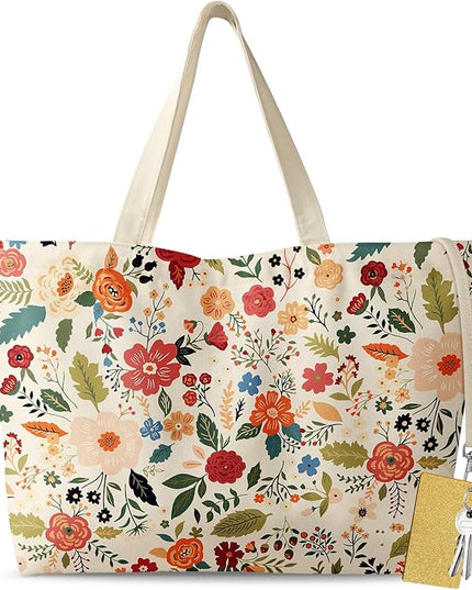 Large Tote Bag for Women - Aesthetic Cute Big Canvas Bags with Zipper Cotton Shoulder Bag for Gym, Travel, Work