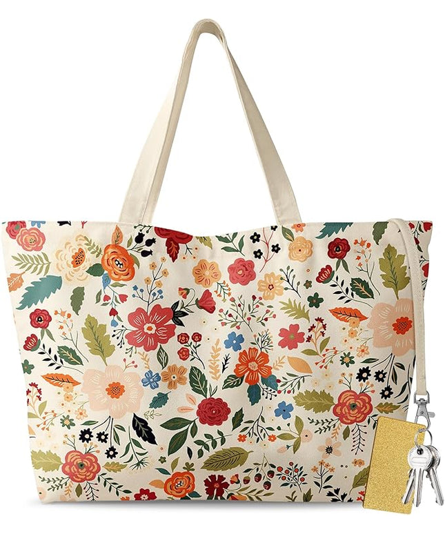 Large Tote Bag for Women - Aesthetic Cute Big Canvas Bags with Zipper Cotton Shoulder Bag for Gym, Travel, Work