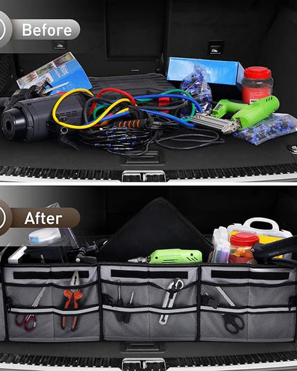 HIRALIY 4 in 1 Car Trunk Storage Organizer with Leakproof Cooler Bag, Multi-Compartment Foldable Trunk Storage Box for Car Truck SUV Gray