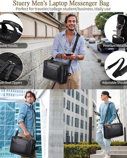 Faux Leather Messenger Bag for Men 17-17.3 Inch: Convertible 3 in 1 Backpack Laptop Briefcase Computer Handbags Shoulder CrossbodyBag with Padded for Work College Travel, PU Black