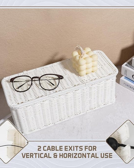 Cable Management Box, Handmade Rattan Cable Organizer with 2 Open Slots, Cord Hider for Power Strip, Router & USB Hub, Registered U.S. Design Patent (D1,112,102), 13" x 5.1" x 5.1", White