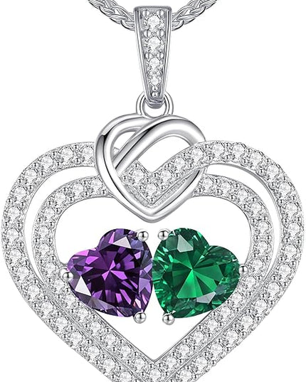 LOUISA SECRET Sparkling Double Heart Birthstone Necklaces for Women, 925 Sterling Silver Fine Jewelry, Pendant Heart Necklaces Birthday Anniversary Christmas Gift for Women Wife Mom Girlfriend Lady