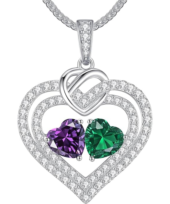 LOUISA SECRET Sparkling Double Heart Birthstone Necklaces for Women, 925 Sterling Silver Fine Jewelry, Pendant Heart Necklaces Birthday Anniversary Christmas Gift for Women Wife Mom Girlfriend Lady