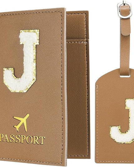 PATIKIL Passport Holder for Travel, Initial Passport Cover and Luggage Tag Set with Alphabet Chenille Letter Patch Travel Wallet Bag Suitcase Identifier for Women Family Travel Brown J