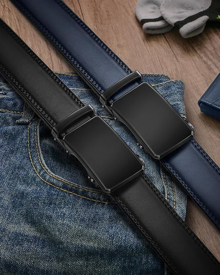 KEMISANT Men Belt 2 Pack, Leather Ratchet Belt Easy Click Slide For Men 1 3/8",Cut for Fit