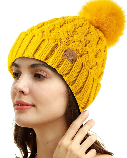 PAGE ONE Womens Winter Ribbed Beanie Crossed Cap Chunky Cable Knit Pompom Soft Warm Hat