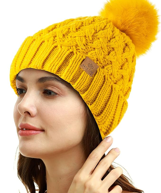 PAGE ONE Womens Winter Ribbed Beanie Crossed Cap Chunky Cable Knit Pompom Soft Warm Hat