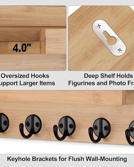 Lwenki Key Holder Wall Mount, Entryway Key and Mail Holder with 7 Sturdy Hooks for Sunglasses, Dog Leash, Decorative Wall Shelf with Mounting Hardware, 15”W x 6.7”H x 4.2”D