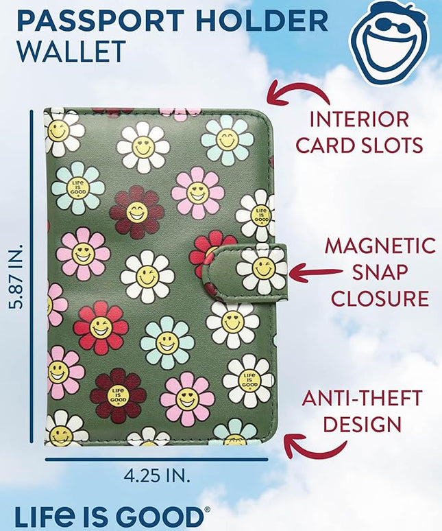 Life is Good Travel Passport Cover - Anti-Theft Passport Holder Wallet with Interior Card Slots, Magnetic Snap Closure, Happy Daisy