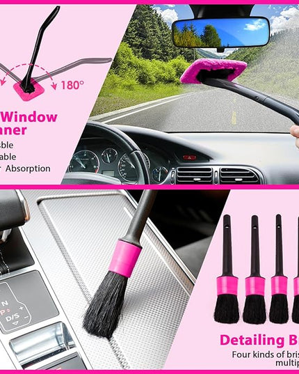 THINKWORK Car Detailing Kit Interior Cleaner, Car Cleaning Kit with 8000PA Cordless Pink Handheld Vacuum Cleaner, Car Interior Detailing Brush Set, Pink Car Accessories, Gift for Women