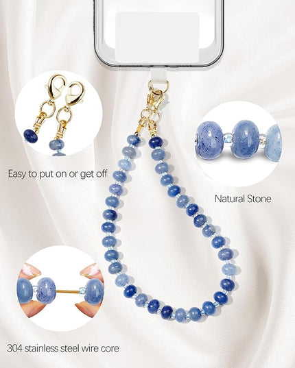 Natural Stone Beaded Phone Wrist Strap for Women – Detachable Chain Wristlet, Durable 304 Stainless Steel Core (Blue Aventurine)