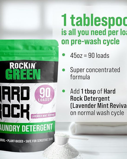 Rockin' Green Hard Rock Laundry Detergent for Hard Water (90 Loads), Plant based, Natural Laundry Detergent Powder, Biodegradable Odor Fighter, Safe for Sensitive Skin, 45 oz (Lavender Mint Revival)