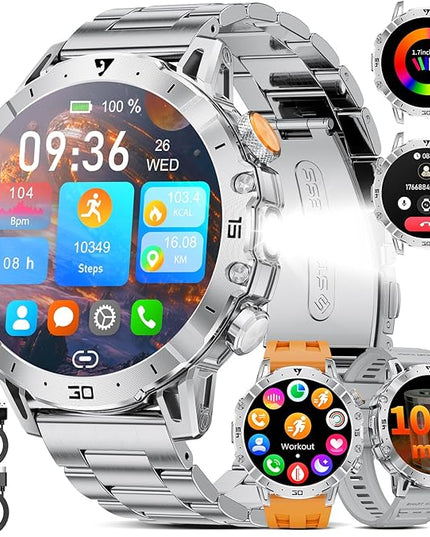 LIGE Smart Watches for Men 1000mAh Battery/LED Flashlight/3 Straps, 1.7" Ultra HD Screen Outdoor Smartwatch with 111 Sports Modes, Bluetooth Call 5ATM Waterproof Fitness Tracker Android iOS,Sliver