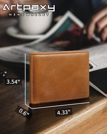 Artpaxy Mens Wallet Genuine Leather Bifold RFID Blocking Wallet for Men with 1 ID Window 13 Card Holders 2 cash pockets 1 Gift Box (Light Brown)