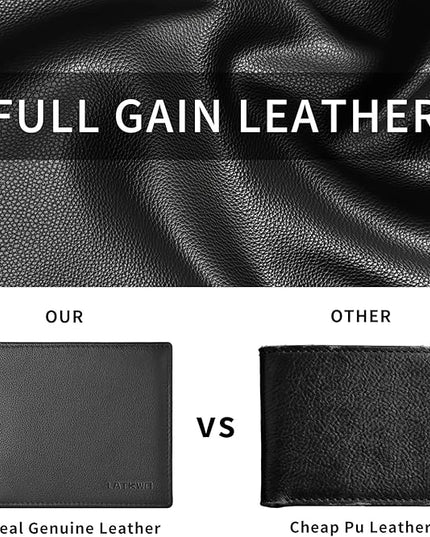 LATKWO Mens Wallet - Genuine Leather Bifold RFID Blocking Slim Front Pocket Large Capacity with 10 Card Slots, 2 ID Windows & 2 Cash Pockets - Heavy Duty Stitched Gift for Men (Black)