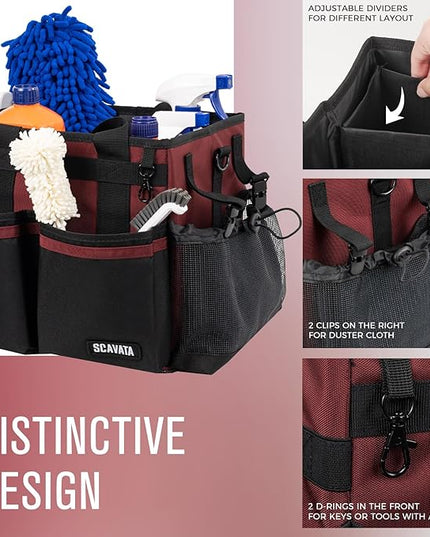 Compact Wearable Cleaning Caddy, Small Cleaning Caddy Supplies Organizer with Handle & Shoulder Straps for Housekeepers, Under Sink & Car Cleaning Tool Organizers Bag (AncoraRed)