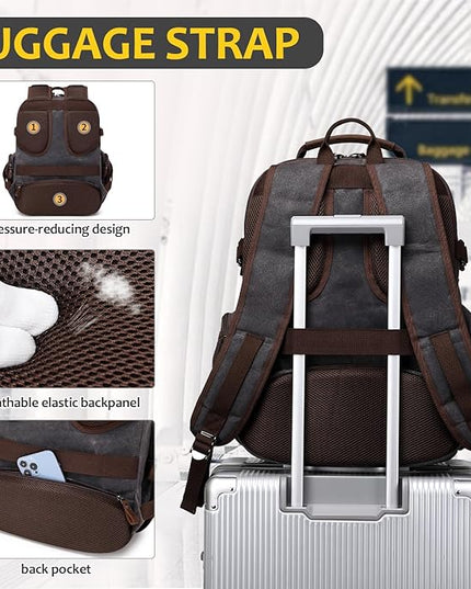 Travel Laptop Backpack 17.3 inch XL Computer Backpack for Men Waxed Canvas College Daypack Business Backpack Black Gray