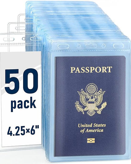 50 Pack Clear Plastic Passport Identification Card Holders, 4x6 Inch Vertical No Zipper Plastic Name Badge ID Card Holders