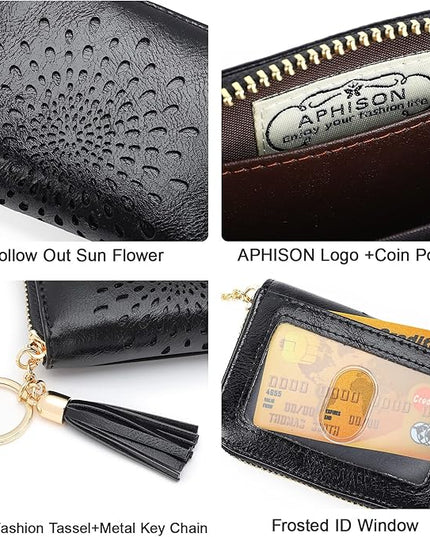 APHISON RFID Credit Card Holder Zipper Card Case Keychain Small Wallet for Women 1927 BLACK
