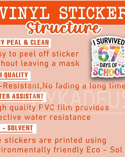 (3Pcs) I Survived 67 Days of School Funny Six Seven 67 Meme Sticker Teacher Student Humor Vinyl Decals Waterproof Sticker for Laptop, Water Bottle, Planner, Scrapbooking, 3" x 2.5"