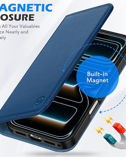 SHIELDON Real Leather Case Walllet for iPhone 17 Pro 6.3-inch 2025 | Foldable Magnetic Closure | RFID Blocking Credit Card Holder | Kickstand | Shockproof Protective Cover | Royal Blue
