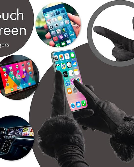 Vagasi Women Touch Screen Gloves, Fleece Lined Winter Gloves for Ladies, Thermal Suede Gloves Fur Cuff for Girls Gifts