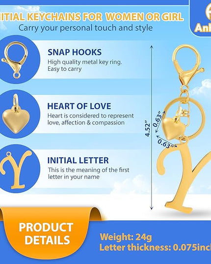 A-Z Heart Initial Letter Keychain, Stainless Steel Alphabet Charm for Handbags, Gift for Women and Girls