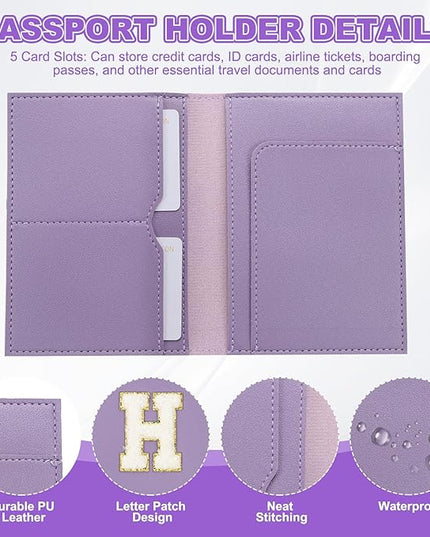 PATIKIL Passport Holder for Travel, Initial Passport Cover and Luggage Tag Set with Alphabet Chenille Letter Patch Travel Wallet Bag Suitcase Identifier for Women Family Travel Purple H