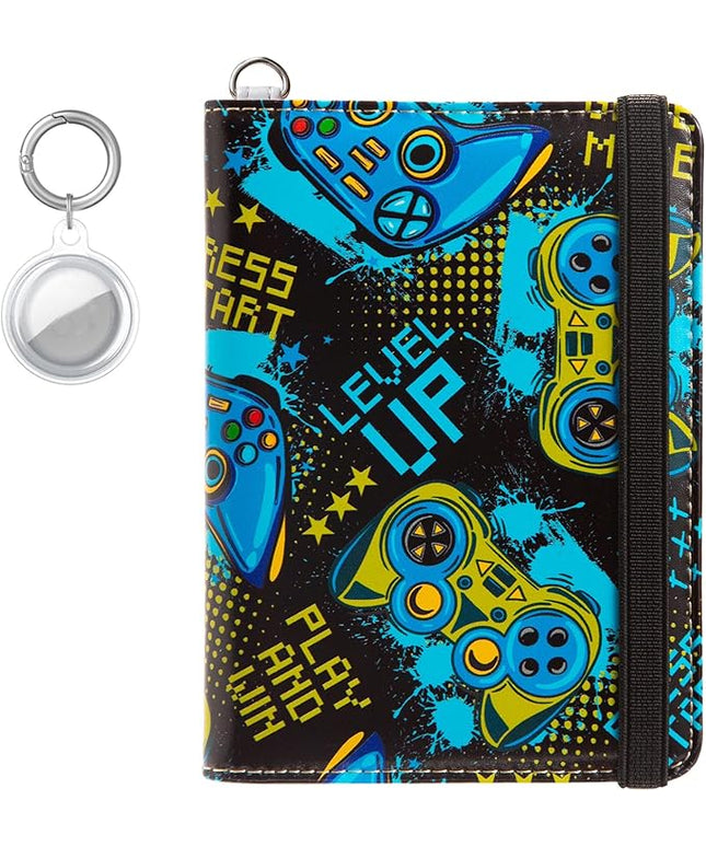 AIRMORS AirTag Passport Holder,Cute Travel Wallet RFID Blocking Family Passport Protector Case Credit Card Slots for Women/Men(Game(with Airtag Holder))