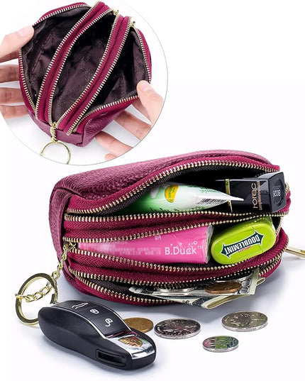 LINNO 3 Zippered Genuine Leather Coin Purse Triple Capacity Change Pouch Little Travel Wallet With Key Ring for Women
