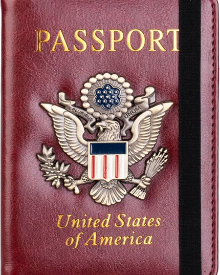 TOURSUIT RFID Blocking Passport Holder for Women Men, Leather Passport Travel Wallet with Metal 3D Metal Badge, Travel Document Holder Cover Accessories (Rose Red)