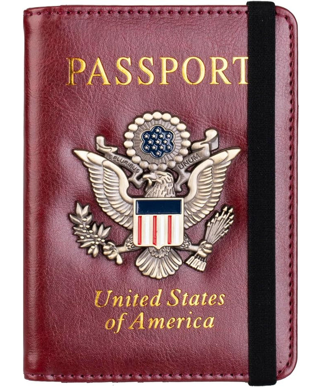 TOURSUIT RFID Blocking Passport Holder for Women Men, Leather Passport Travel Wallet with Metal 3D Metal Badge, Travel Document Holder Cover Accessories (Rose Red)