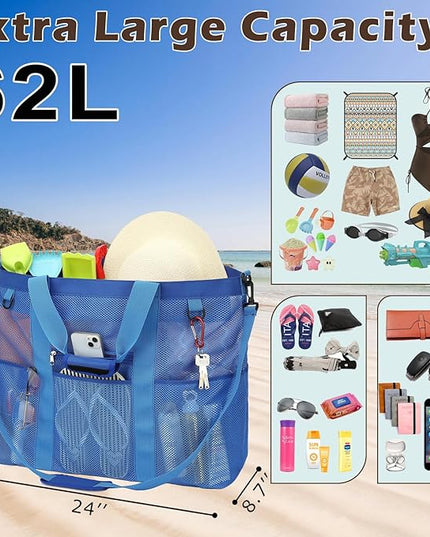 Mesh Beach Bag, Large Beach Tote with Zipper Pocket, Toys Pool Bag for Family Travel Vacation Cruise Essentials