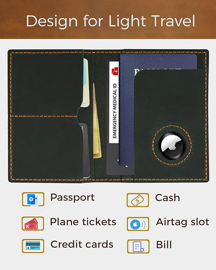 Passport Holder for Travel, Genuine Leather Passport Holder with Airtag, Rfid Passport Wallet Cover Case for Women Men, Travel Essentials Gift, Green