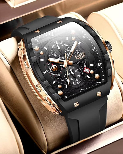 Mens Watches,Unique Rectangular Quartz Analog Watch,Outdoor Sports Multi-Function Watch,Chronograph/Waterproof/Luminous/Calendar,Durable Silicone Strap Mens Casual Watches